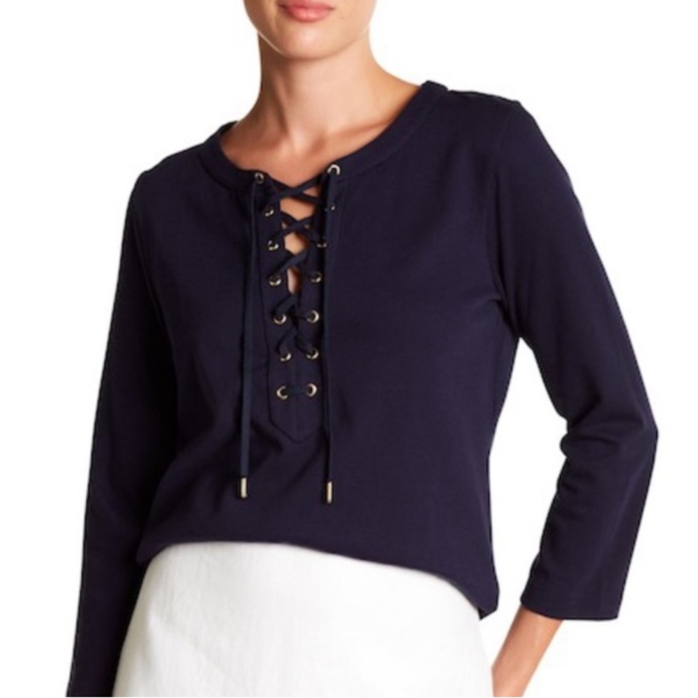 J. Crew Lace-up Neckline Casual Career Navy Blouse Top S